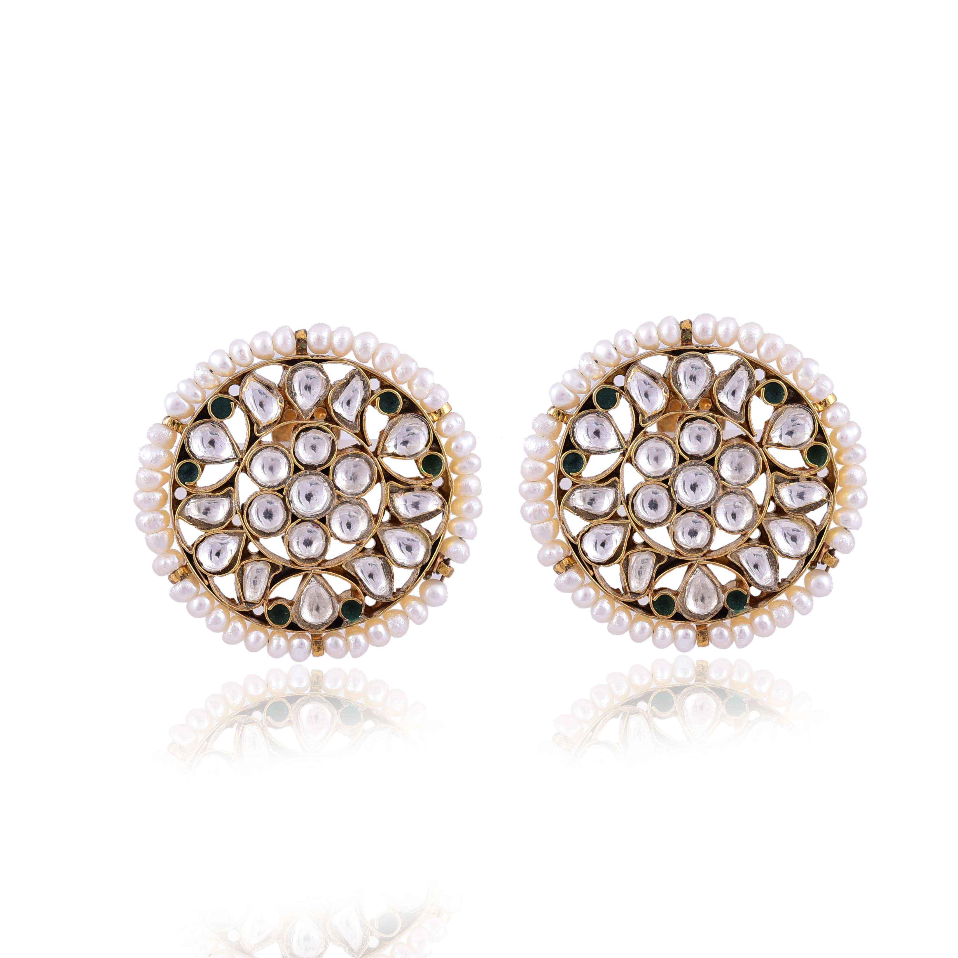 Silver gold plated kundan & pearl stud earring :SKU5822